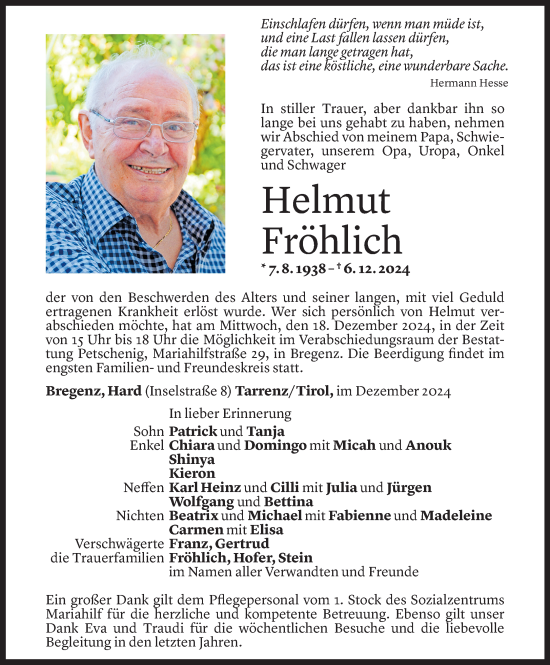 Todesanzeige von Helmut Fröhlich von Vorarlberger Nachrichten