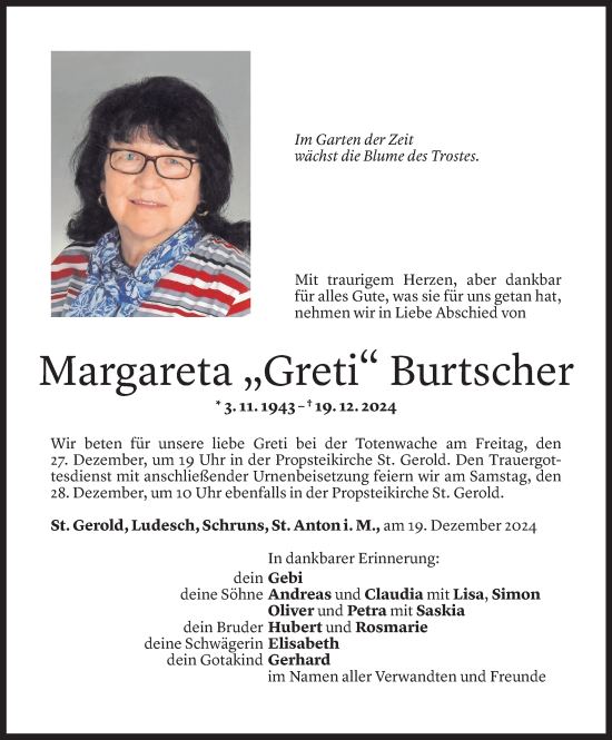 Todesanzeige von Margareta Burtscher von Vorarlberger Nachrichten