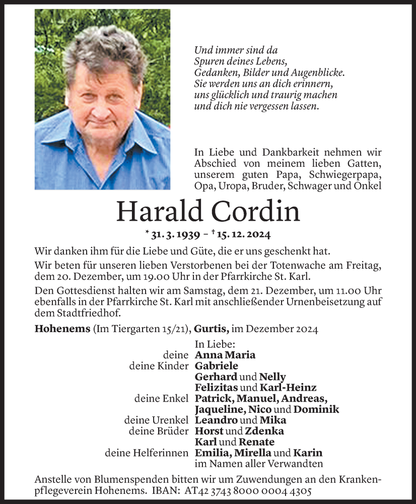  Todesanzeige für Harald Cordin vom 17.12.2024 aus Vorarlberger Nachrichten