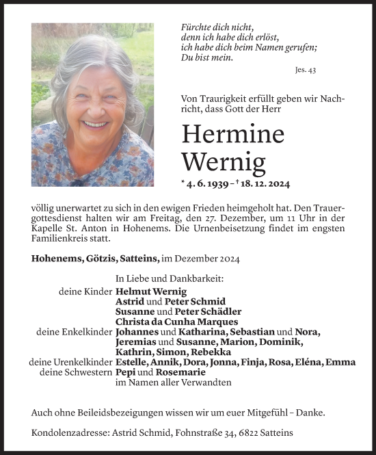 Todesanzeige von Hermine Wernig von Vorarlberger Nachrichten