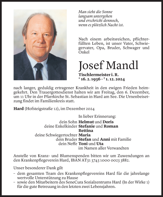 Todesanzeige von Josef Mandl von Vorarlberger Nachrichten