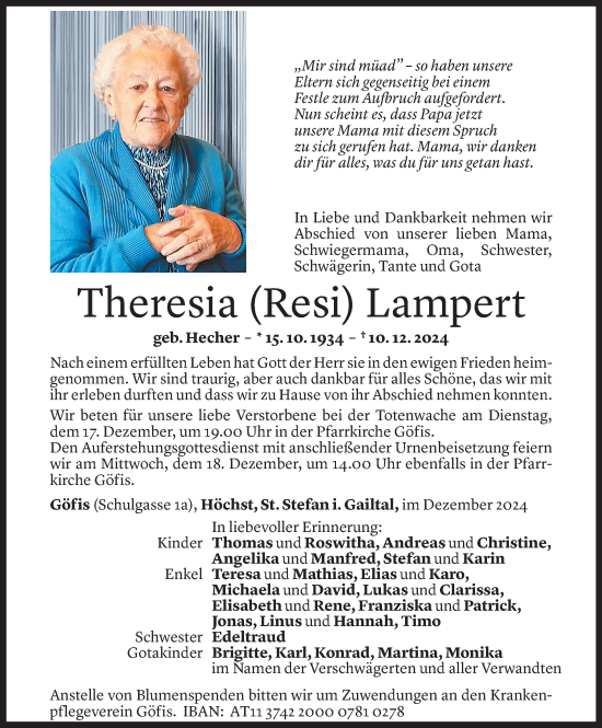 Todesanzeige von Theresia Lampert von Vorarlberger Nachrichten