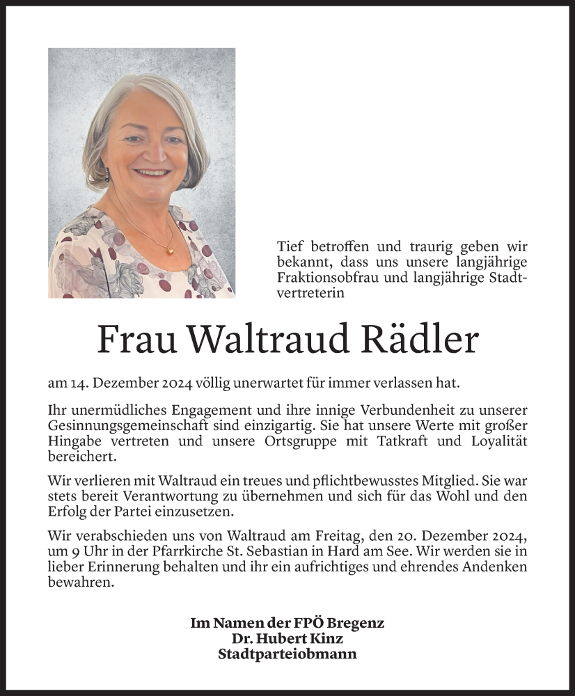  Todesanzeige für Waltraud Rädler vom 17.12.2024 aus Vorarlberger Nachrichten