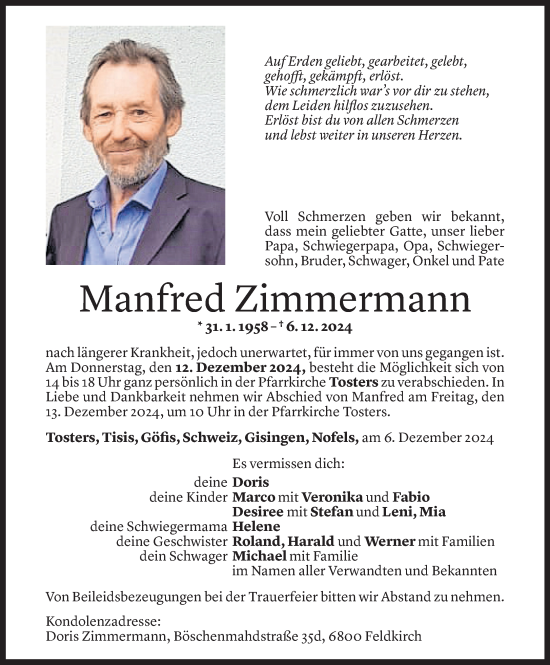 Todesanzeige von Manfred Zimmermann von Vorarlberger Nachrichten