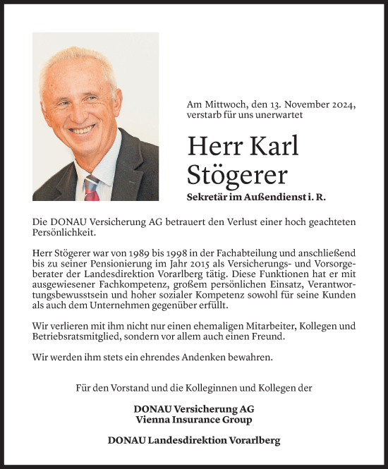 Todesanzeige von Karl Stögerer von Vorarlberger Nachrichten