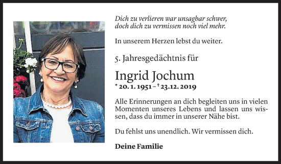 Todesanzeige von Ingrid Jochum von Vorarlberger Nachrichten