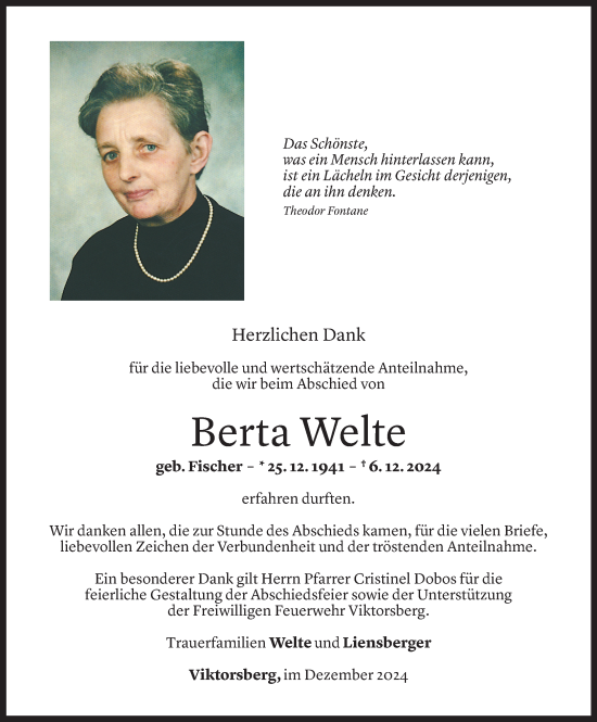 Todesanzeige von Berta Welte von Vorarlberger nachrichten