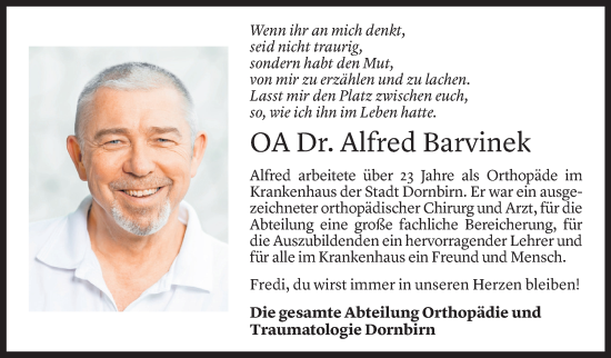 Todesanzeige von Fredi Barvinek von Vorarlberger Nachrichten