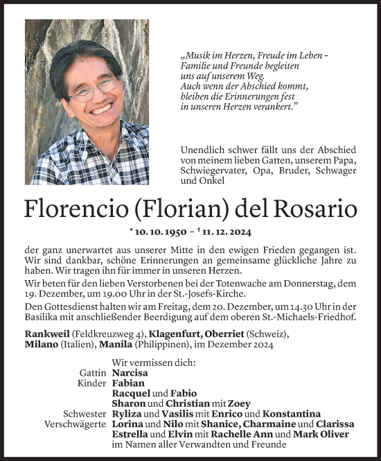 Todesanzeige von Florencio del Rosario von Vorarlberger Nachrichten