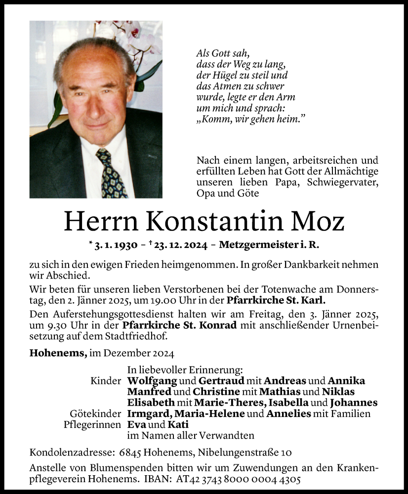  Todesanzeige für Konstantin Moz vom 27.12.2024 aus Vorarlberger Nachrichten