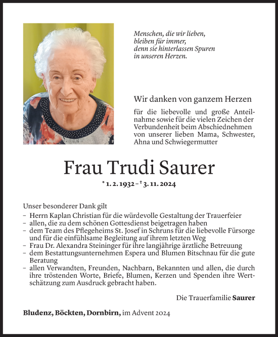 Todesanzeige von Trudi Saurer von Vorarlberger Nachrichten