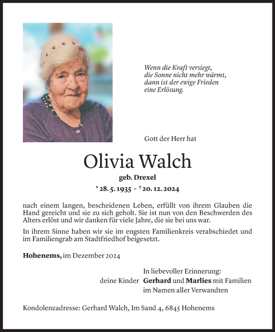 Todesanzeige von Olivia Walch von Vorarlberger Nachrichten