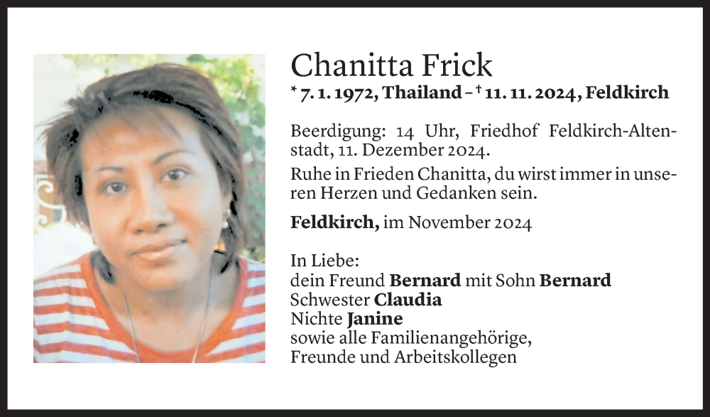  Todesanzeige für Chanitta Frick vom 07.12.2024 aus Vorarlberger Nachrichten