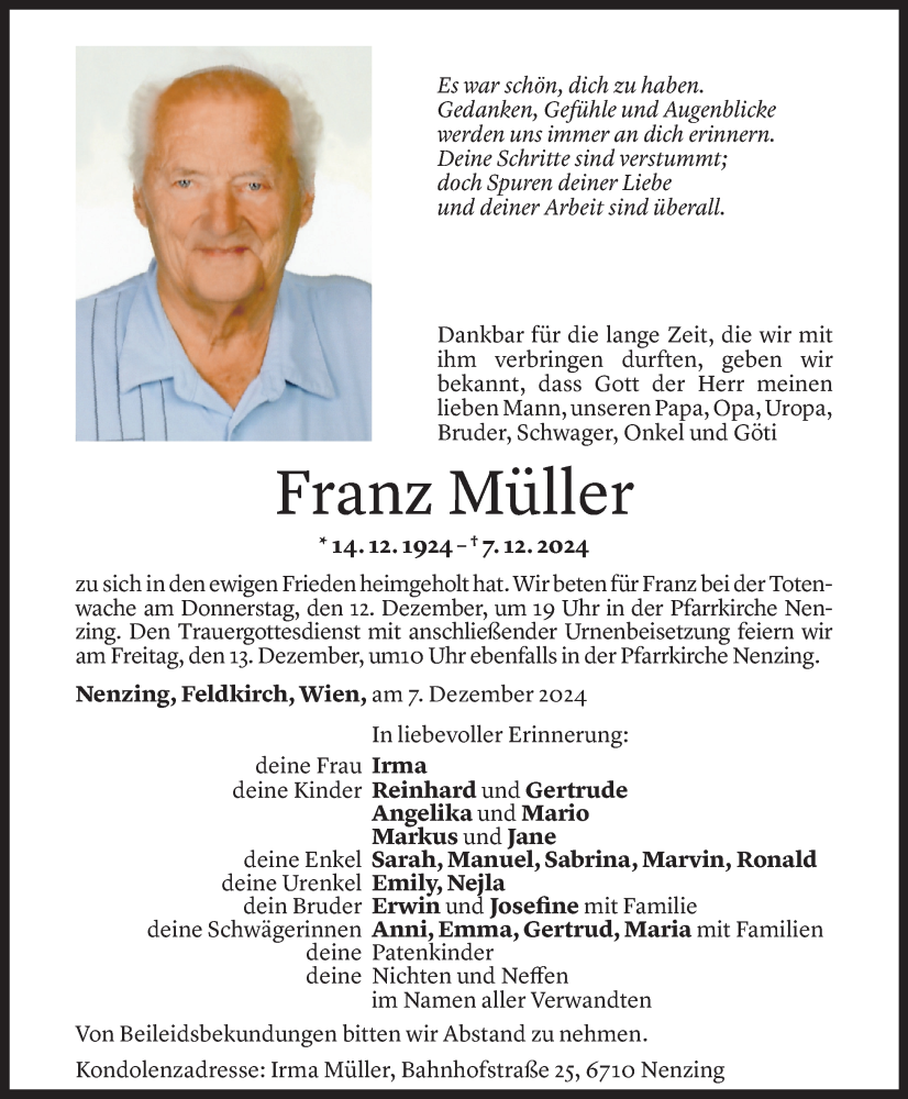  Todesanzeige für Franz Müller vom 09.12.2024 aus Vorarlberger Nachrichten