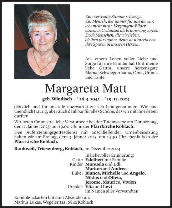 Todesanzeige von Margareta Matt von Vorarlberger Nachrichten