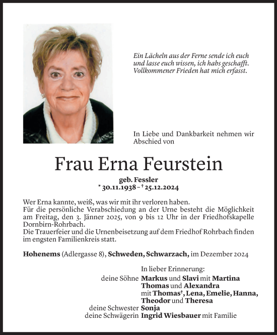 Todesanzeige von Erna Feurstein von Vorarlberger Nachrichten