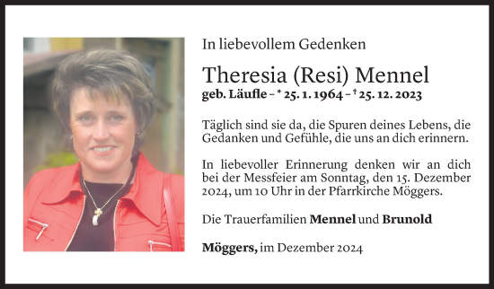 Todesanzeige von Theresia Mennel von Vorarlberger Nachrichten