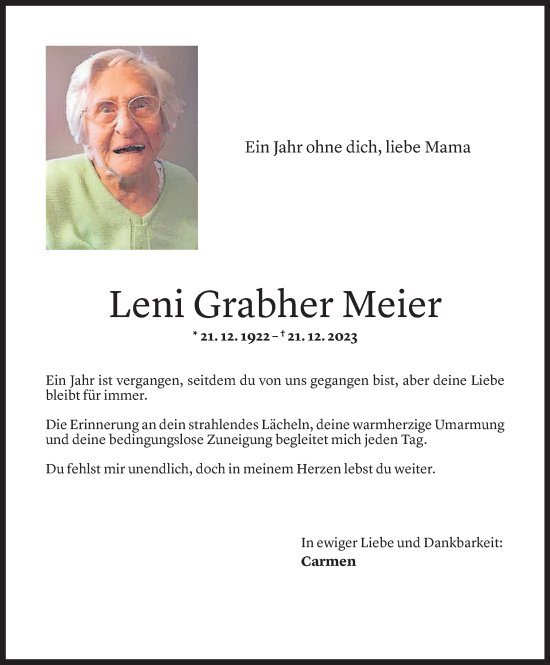 Todesanzeige von Leni Grabher Meier von Vorarlberger Nachrichten