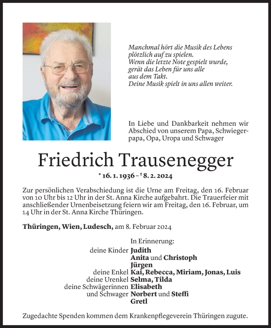 Todesanzeige von Friedrich Trausenegger von Vorarlberger Nachrichten