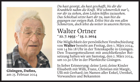 Todesanzeige von Walter Ortner von Vorarlberger Nachrichten