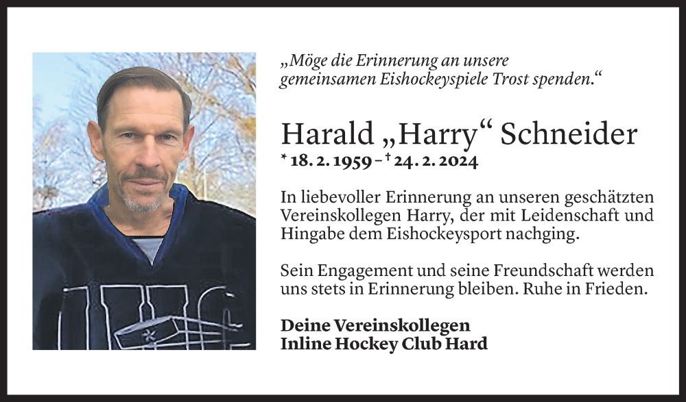  Todesanzeige für Harald Schneider vom 28.02.2024 aus Vorarlberger Nachrichten