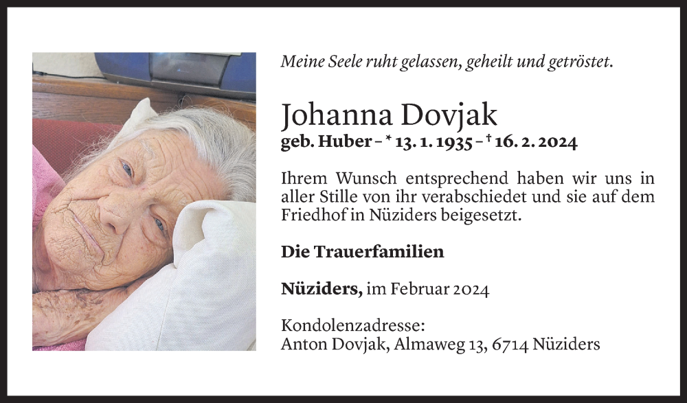  Todesanzeige für Johanna Dovjak vom 29.02.2024 aus Vorarlberger Nachrichten