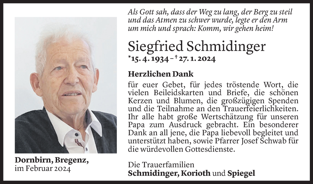  Todesanzeige für Siegfried Schmidinger vom 24.02.2024 aus Vorarlberger Nachrichten