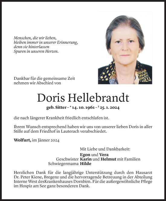 Todesanzeige von Doris Hellebrandt von Vorarlberger Nachrichten