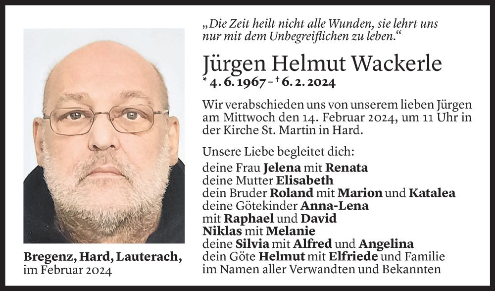  Todesanzeige für Jürgen Helmut Wackerle vom 09.02.2024 aus Vorarlberger Nachrichten
