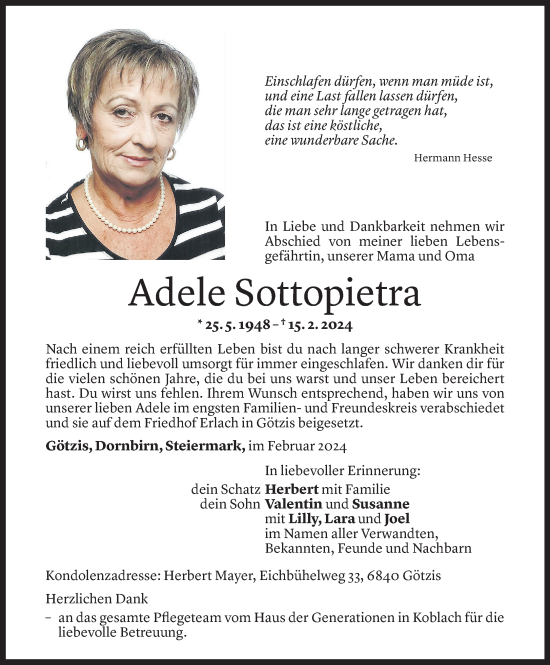 Todesanzeige von Adele Sottopietra von Vorarlberger Nachrichten