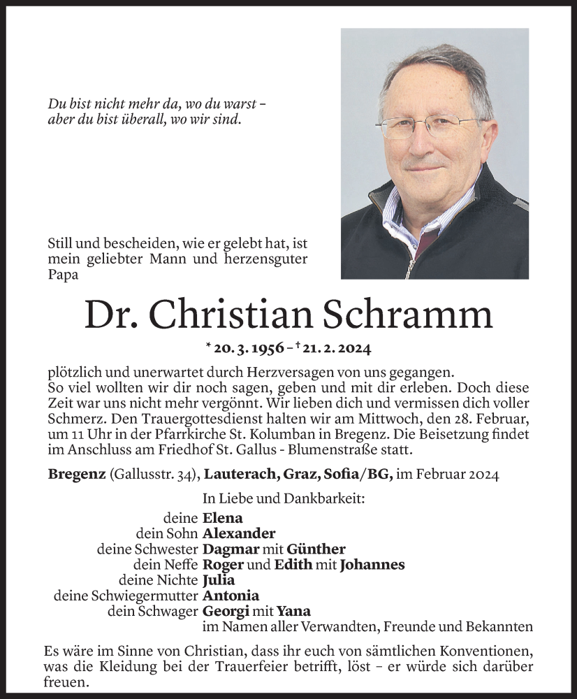  Todesanzeige für Christian Schramm vom 23.02.2024 aus Vorarlberger Nachrichten