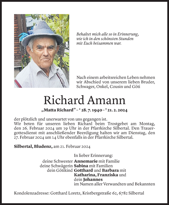 Todesanzeige von Richard Amann von Vorarlberger Nachrichten