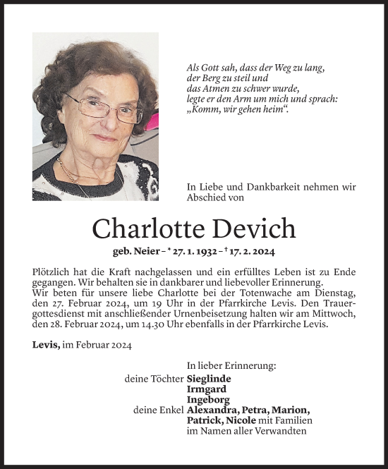 Todesanzeige von Charlotte Devich von Vorarlberger Nachrichten