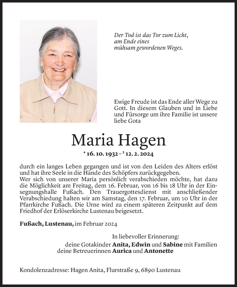  Todesanzeige für Maria Hagen vom 15.02.2024 aus Vorarlberger Nachrichten
