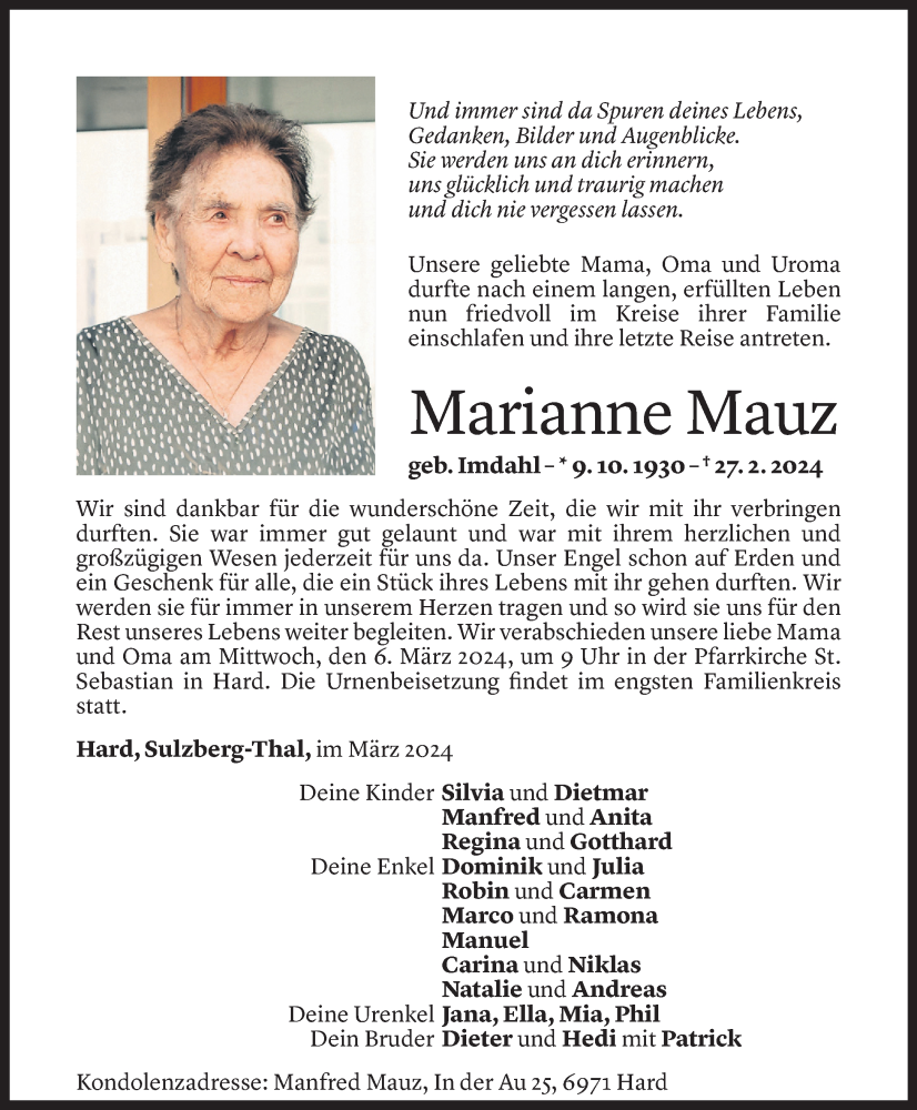  Todesanzeige für Marianne Mauz vom 01.03.2024 aus Vorarlberger Nachrichten