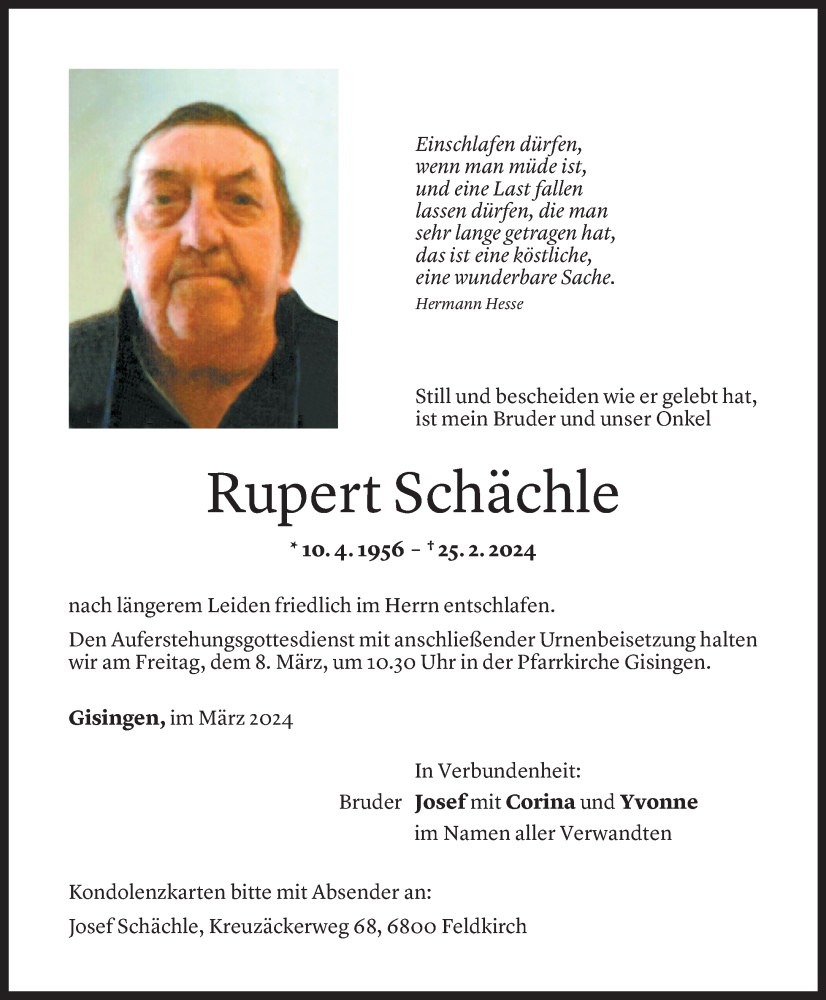  Todesanzeige für Rupert Schächle vom 05.03.2024 aus Vorarlberger Nachrichten