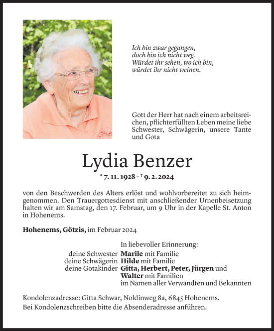 Todesanzeige von Lydia Benzer von Vorarlberger Nachrichten