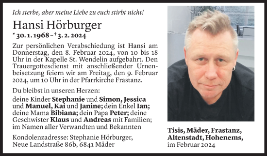 Todesanzeige von Hansi Hörburger von Vorarlberger Nachrichten