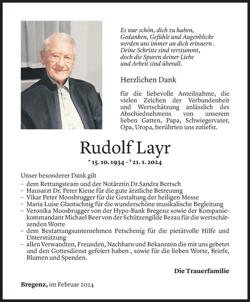 Todesanzeige für Rudolf Layr vom 09.02.2024 aus Vorarlberger Nachrichten
