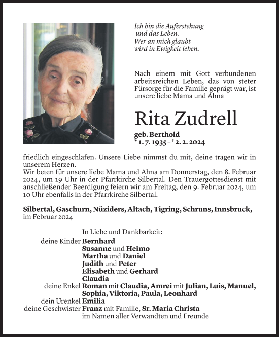 Todesanzeige von Rita Zudrell von Vorarlberger Nachrichten