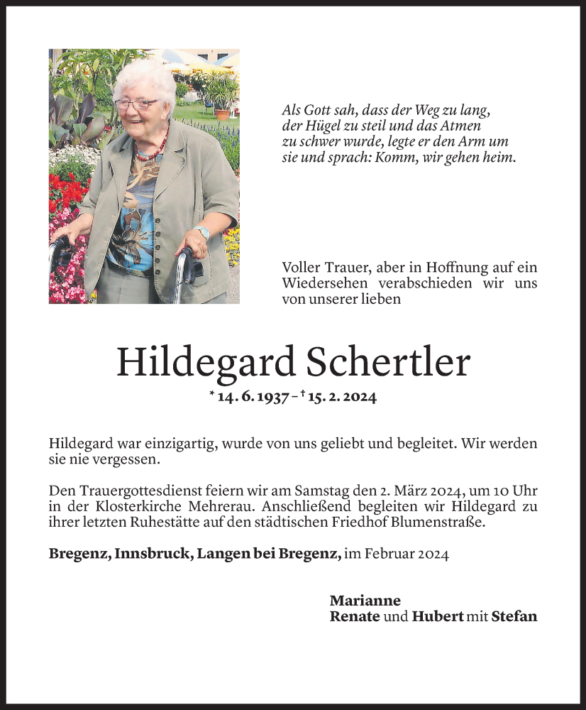  Todesanzeige für Hildegard Schertler vom 29.02.2024 aus Vorarlberger Nachrichten