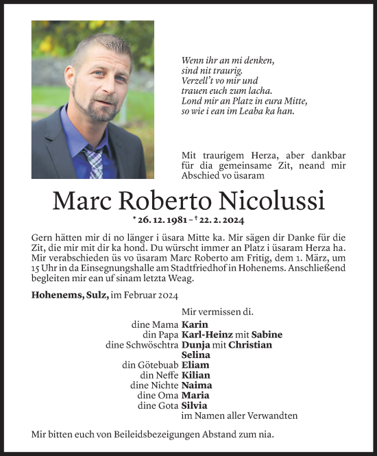 Todesanzeige von Marc Roberto Nicolussi von Vorarlberger Nachrichten