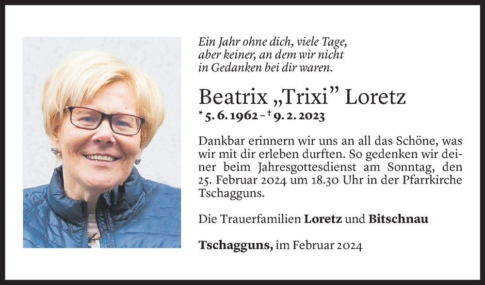  Todesanzeige für Beatrix Loretz vom 09.02.2024 aus Vorarlberger Nachrichten