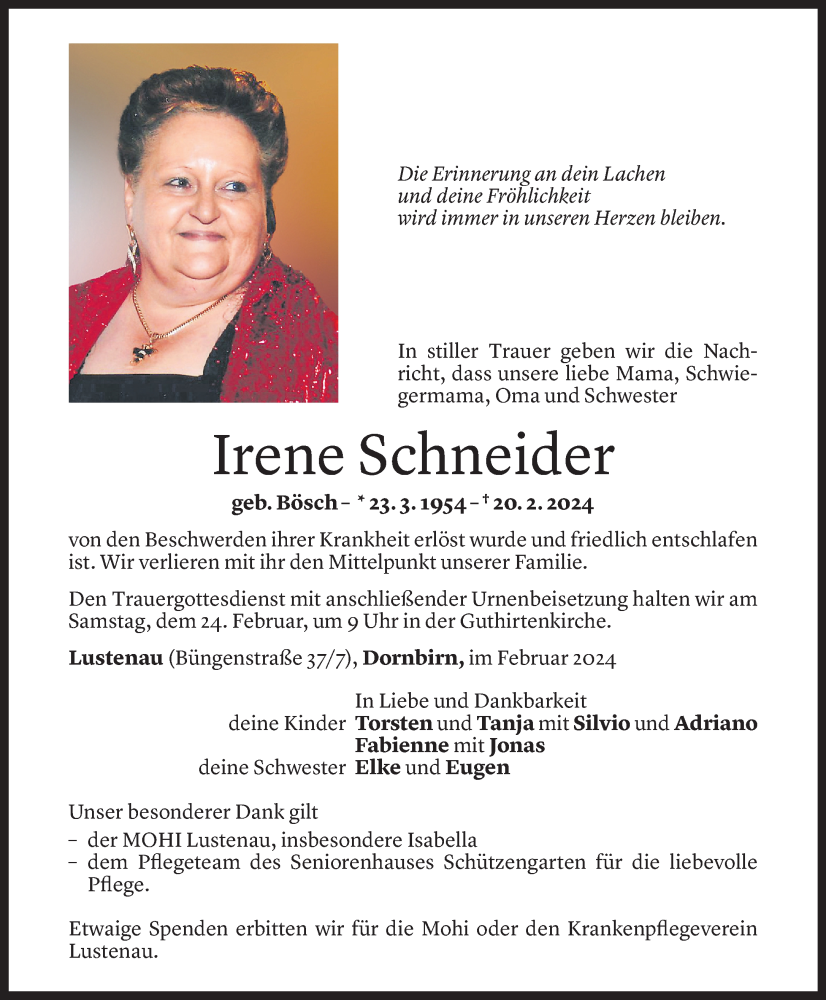  Todesanzeige für Irene Schneider vom 22.02.2024 aus Vorarlberger Nachrichten