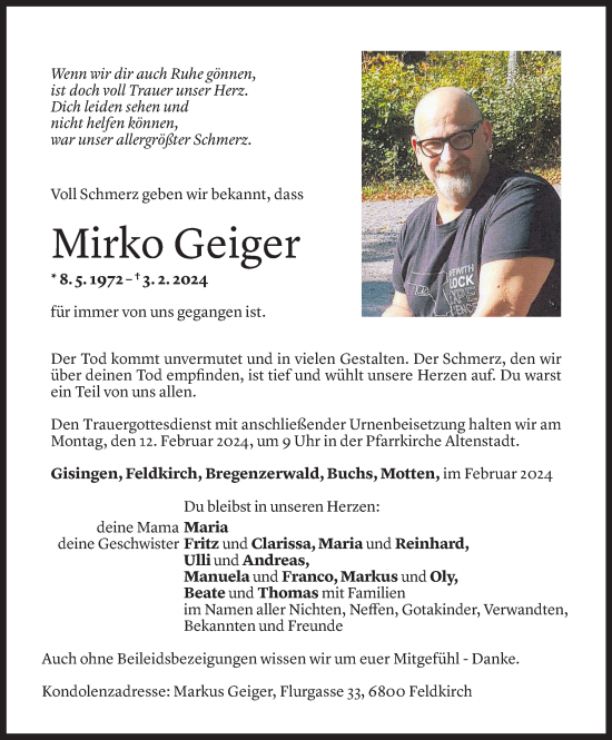 Todesanzeige von Mirko Geiger von Vorarlberger Nachrichten