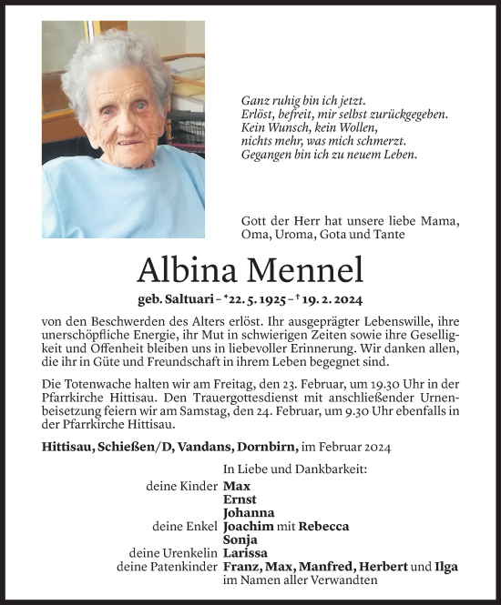 Todesanzeige von Albina Mennel von Vorarlberger Nachrichten