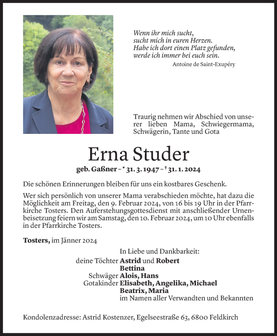 Todesanzeige von Erna Studer von Vorarlberger Nachrichten