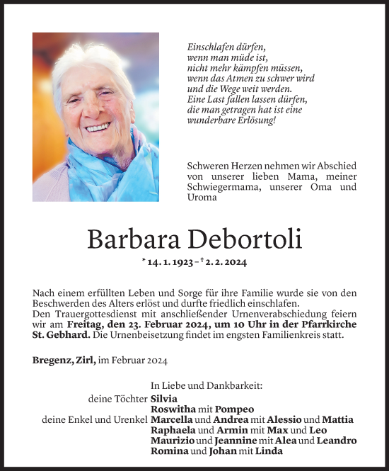 Todesanzeige von Barbara Debortoli von Vorarlberger Nachrichten