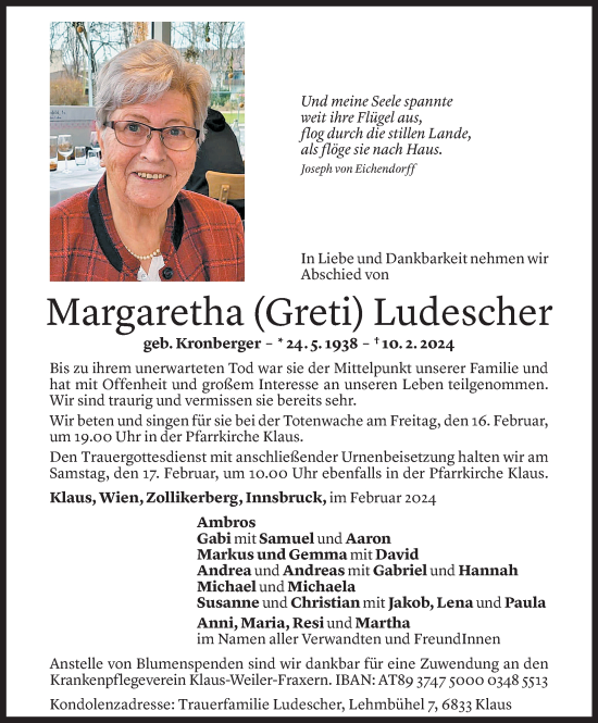Todesanzeige von Margaretha Ludescher von Vorarlberger Nachrichten