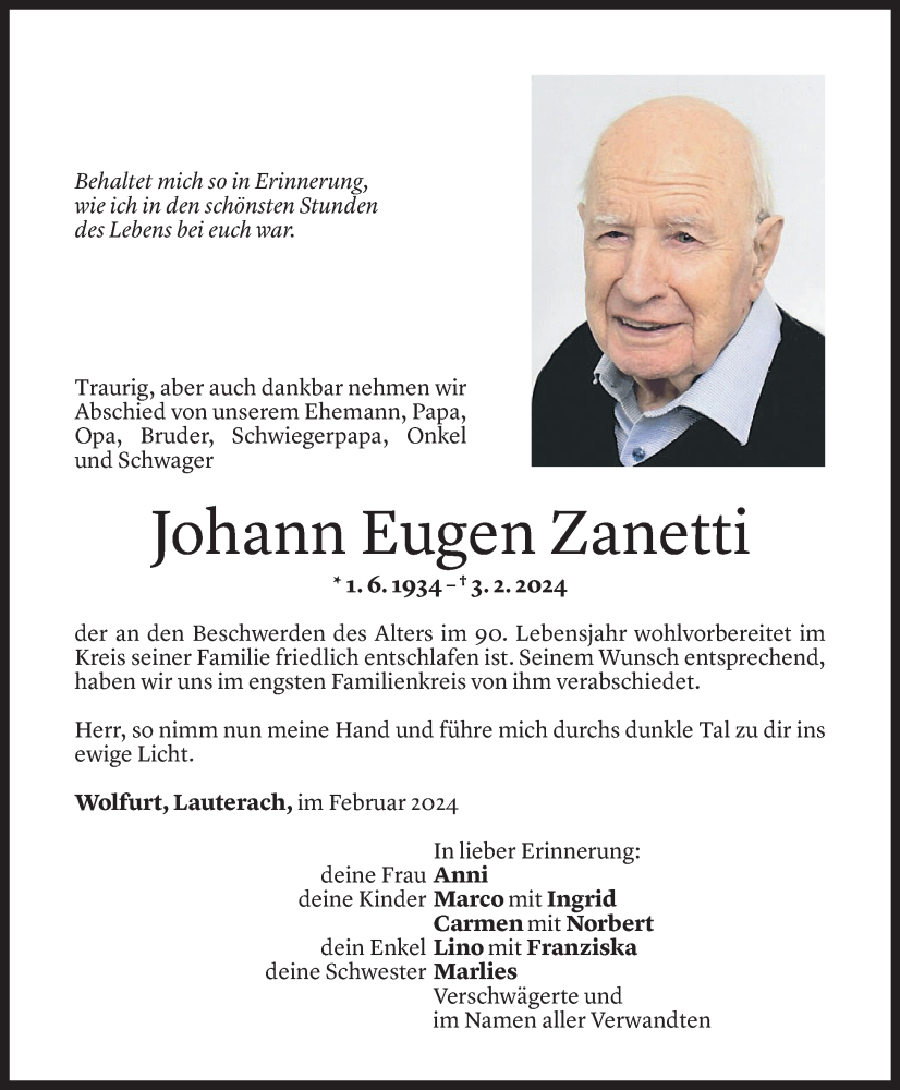  Todesanzeige für Johann Zanetti vom 10.02.2024 aus Vorarlberger Nachrichten